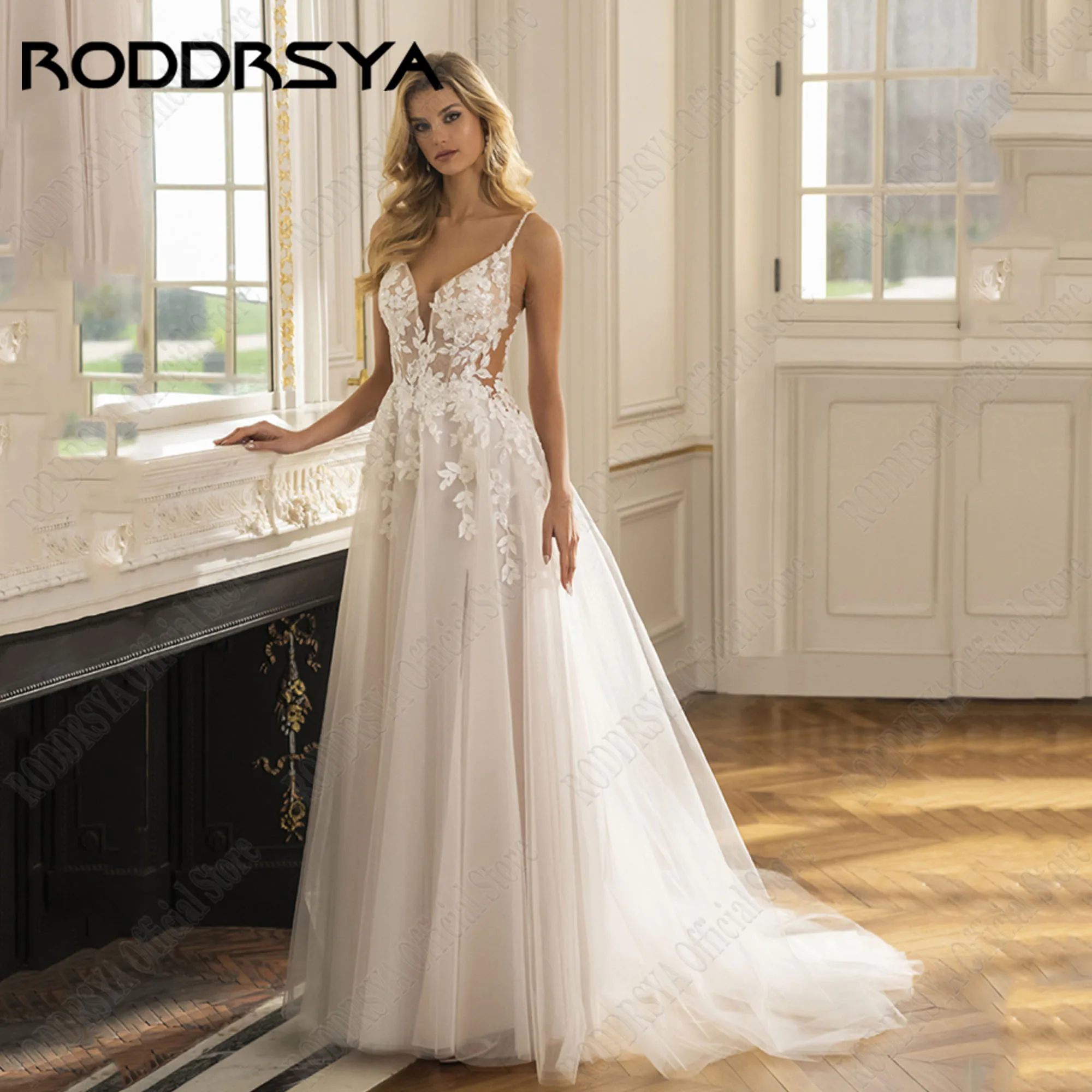 

RODDRSYA V-Neck A-Line Wedding Dress 2024 Bride Applique Lace Spaghetti Straps Backless Side Split Vestido De Novia Boda Civil