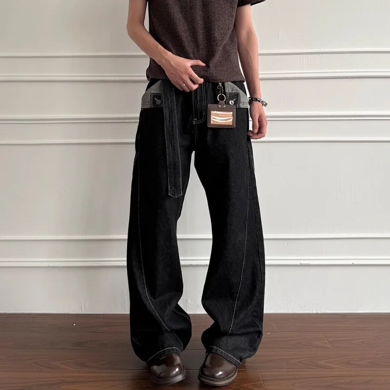 Vintage Contrast Stitch Curved Jeans Men Houndstooth Trim Pocket Detachable Waist Strap Wide Leg Flare Denim Streetwear Pants