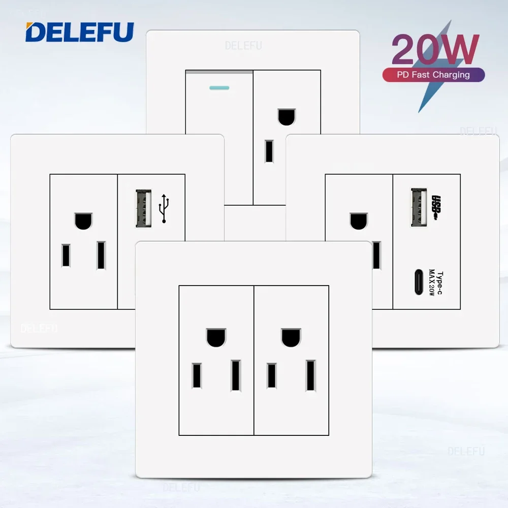 DELEFU86 타입 PC 백색 난연성 패널, 미국 표준 벽 소켓 스위치, 고속 충전, 20W USB C 타입 소켓