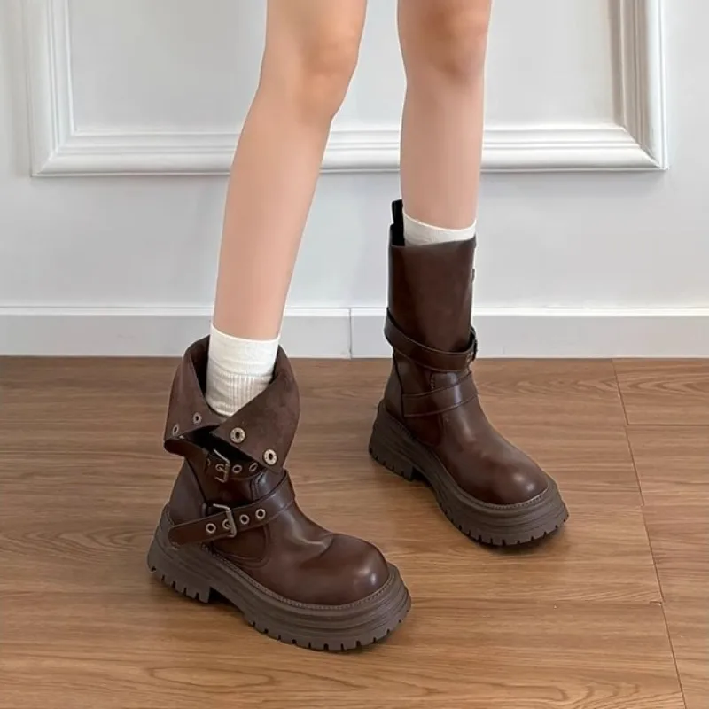 Women's Boots Fashion Retro Comfort Belt Fastener Lapel Women's Ankle Boots Chunky Platform PU Leather Knight Boots Botas Mujer