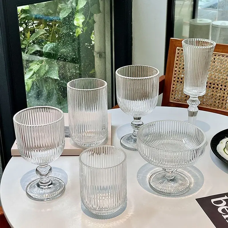 1pcs Stripe Wine Glass Round Ball Goblet Glass Cup Transparent Champagne Cocktail Glass Goblet Milk Juice Coffee Cup