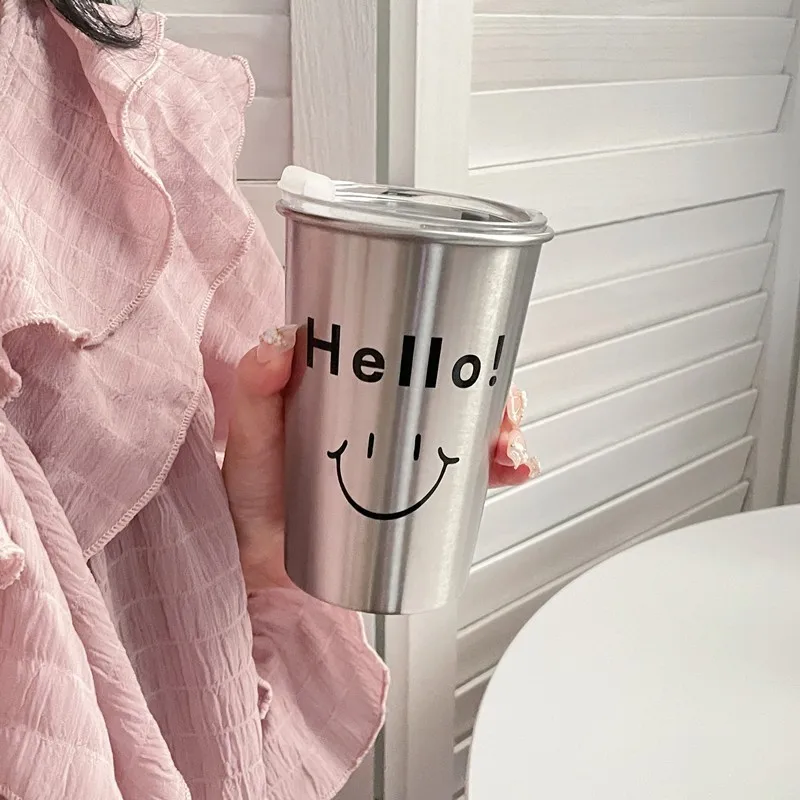 Stainless Steel Smiling Face Straw Cup Summer Ice Cubes Coffee Mug Sliver Cartoon Portable Water Bottle Ins Cold Drink Cups