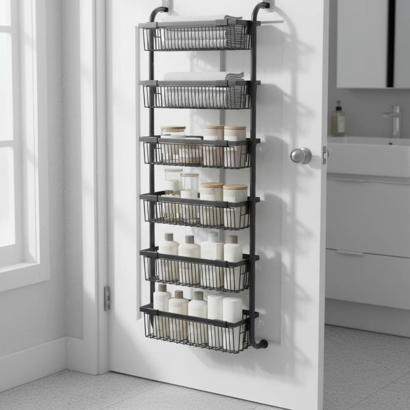 

Door Hanging Basket Organizer Tooltool-Less Installation over Door Basket Shelf House Organization Space Saving High Weight
