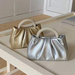 Sweet Pearl Handle Women's Small Shoulder Bags Pleated PU Leather Ladies Crossbody Bag Dinner Party Female Clutch Purse Handbags