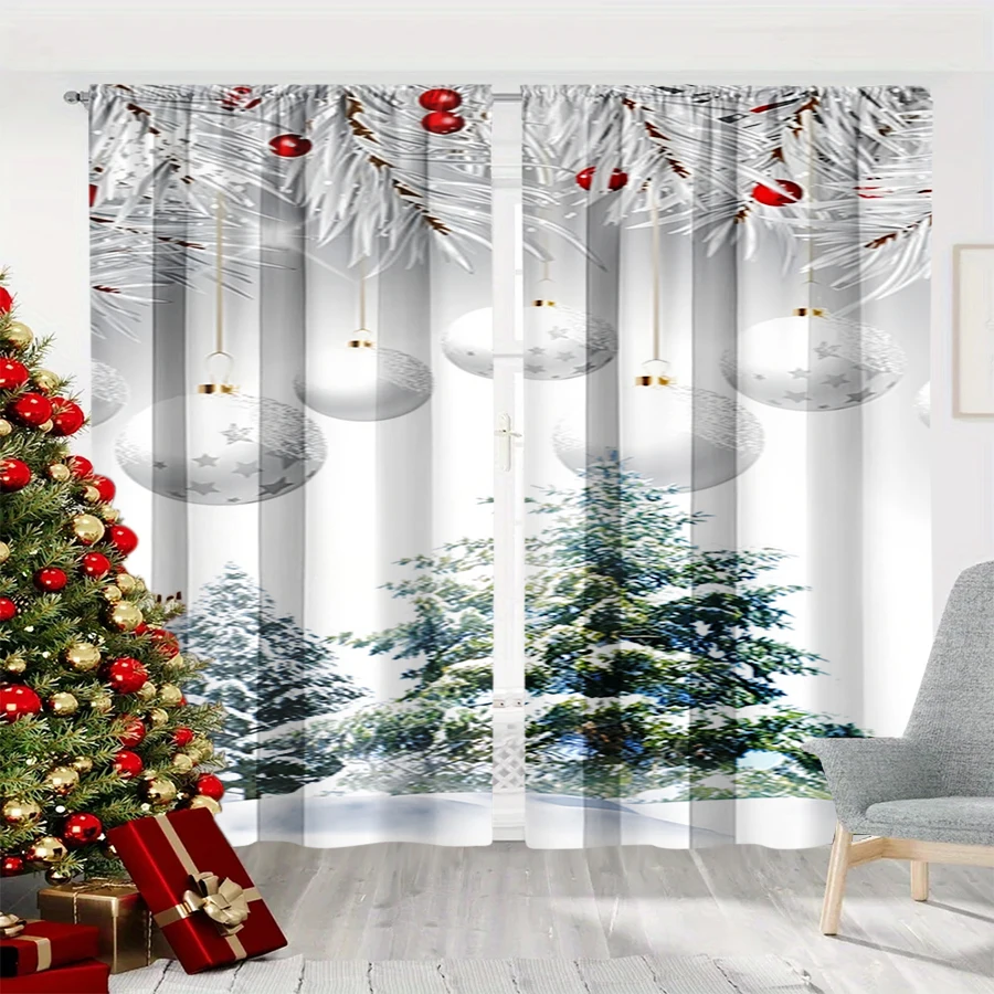 2PCS Christmas Winter Curtains, Silver Pine Branch Ball Snowy Tree White Elegant, Digital Print, Bedroom Living Room, Home Decor