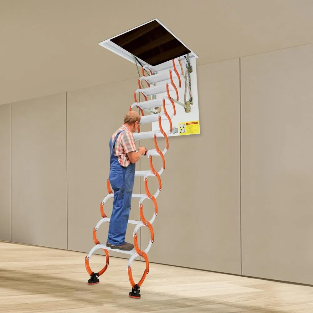 天井取り付け式ロフトはしご、10フィートの到達距離、11段、角度調整可能、耐荷重660ポンド、頑丈なプルダウンシステム