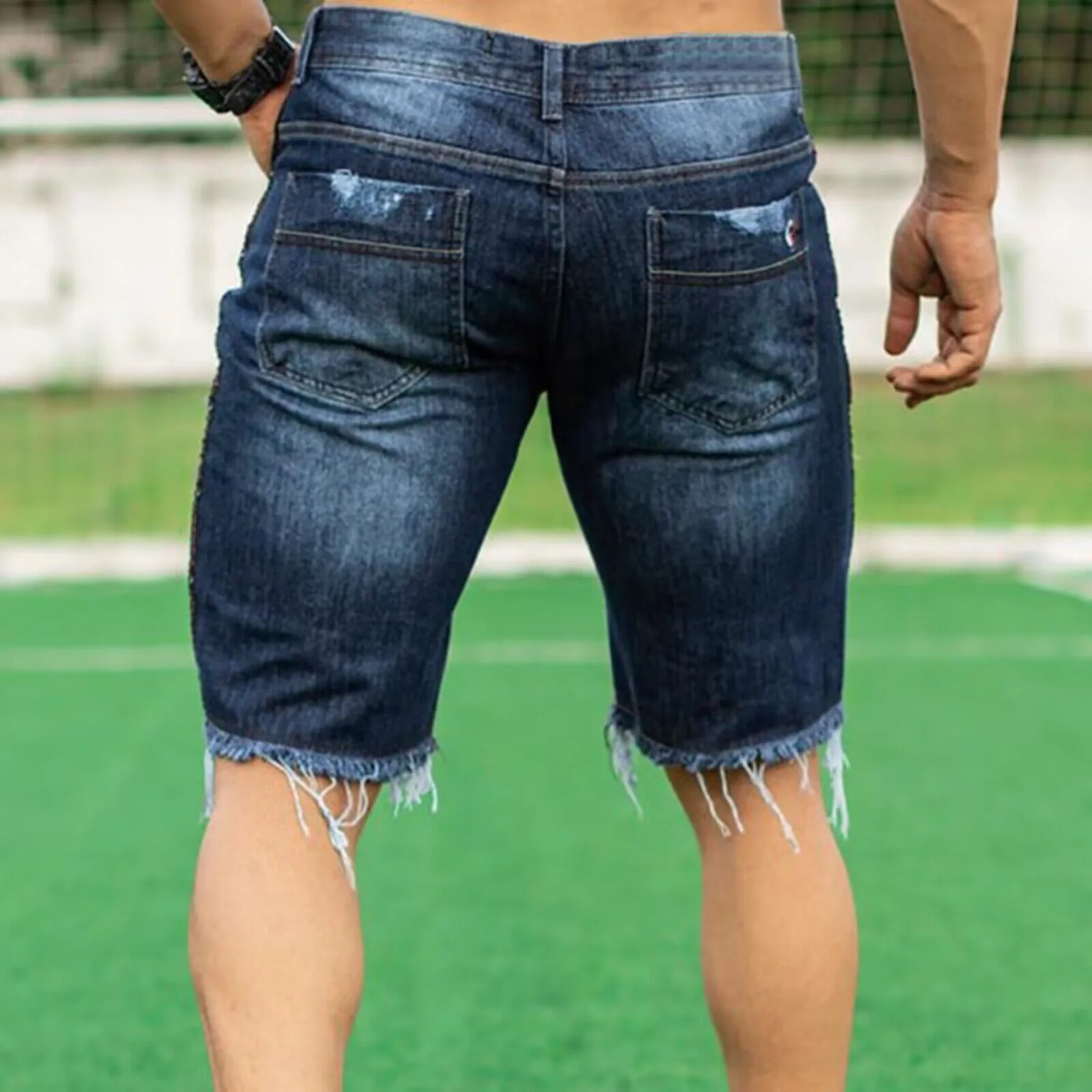 Calção jeans rasgada e angustiada masculina, jeans curto solto, calças de perna larga, grande, hip hop, verão, 2023