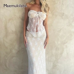 Maemukilabe Women 's 2 Piece Set Y2K Floral Strapless Drawstring Lace Tube Tops + Long Skirt Split Bodycon Cropped Camisole