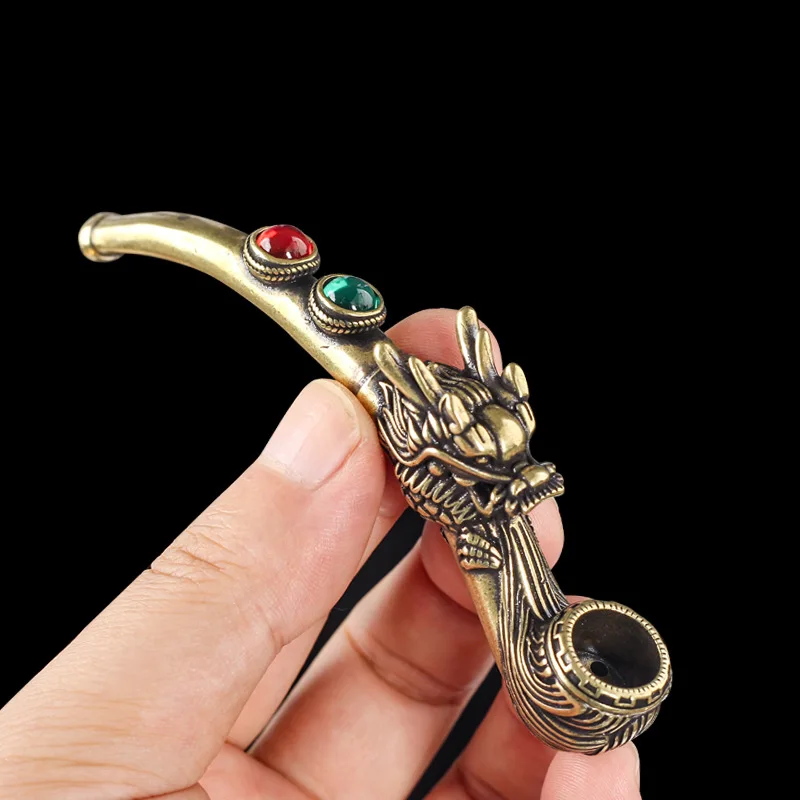 

Vintage White Copper Inlaid Agate Smoking Pipe Creative Dragon Head Design Durable Metal Smoking Pipe for Grandfather Gift