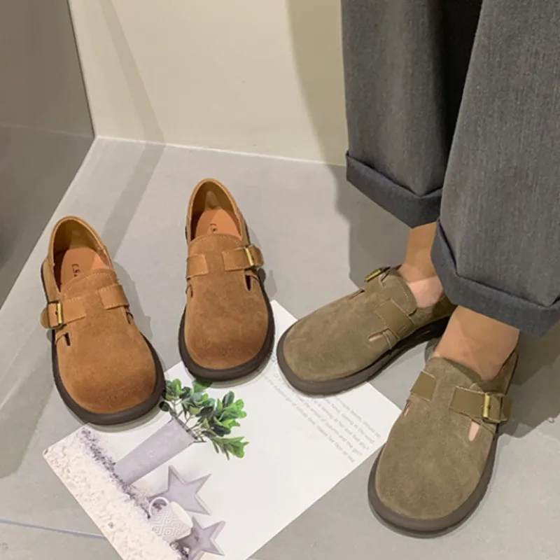 Retro Suede Women Shoes Korean Style Round Toe Flats Casual Shoes Shallow Soft Sole Women Loafers Solid Simplicity Single Shoes