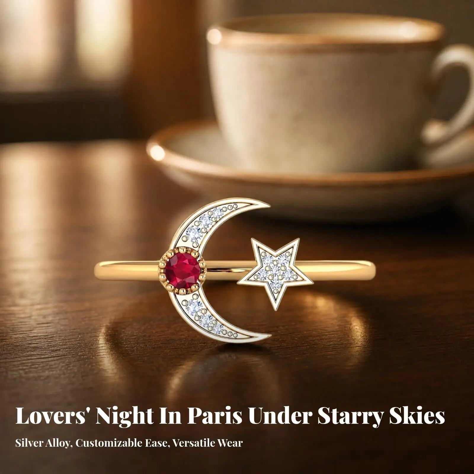 Fine Silver Starry Night Ring Gold Plated Moon Band Red Crystal Accent for Birthday Anniversary Holiday Gift
