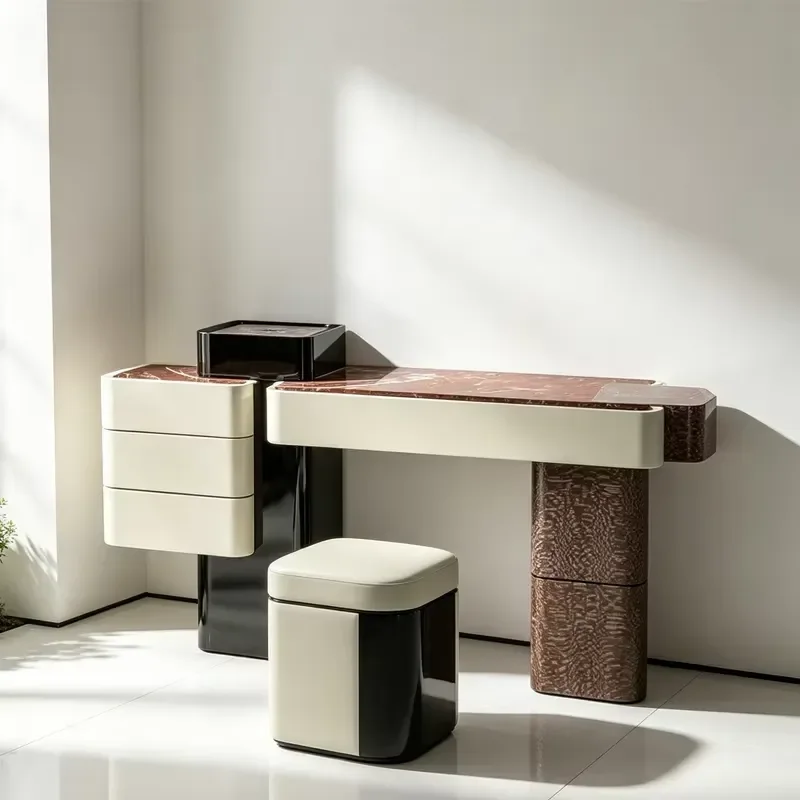 High Gloss Lacquer Dressing Table with Natural Marble Top Luxury Bedroom Vanity Multi Drawer Storage Unit for Modern Home