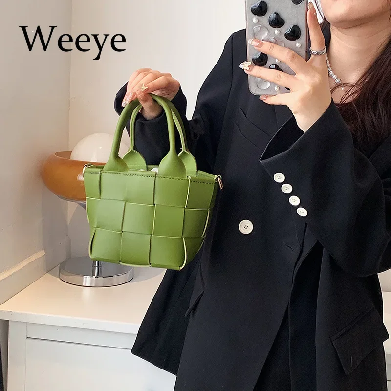

Hand Woven Single Root PU Handbag Multifunctional Shoulder Bags Portable New Solid Color Commuter Tote Bucket Bag Messenger Bag