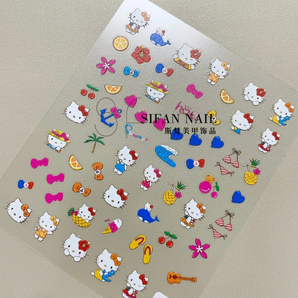 Kawaii Hello Kitty Nail Art Stickers Hawaiian Black Bark Cartoon Surfing Coconut Tree Image Self-Adhesive Manicure Accessories