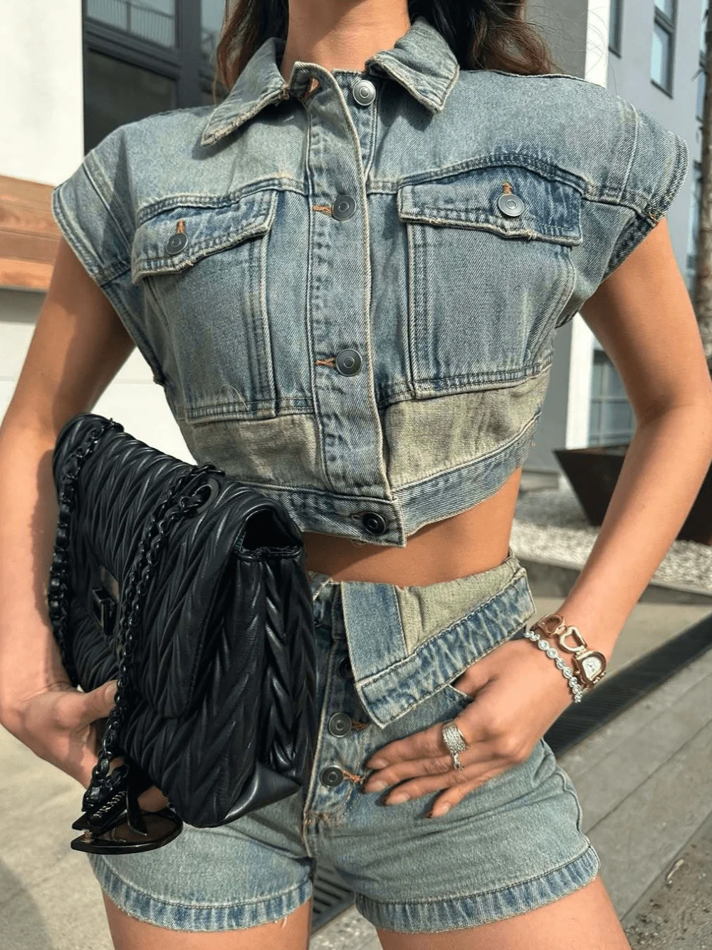 

Womens Distressed Denim Two Piece Set Sleeveless Button Down Vest And Shorts