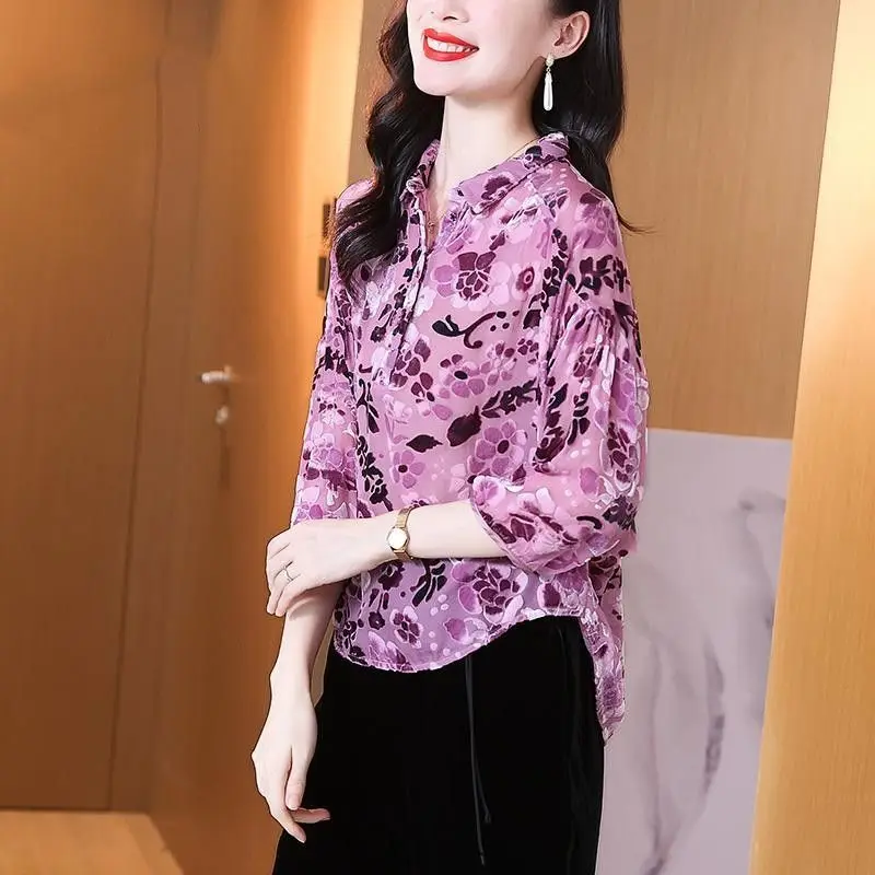 Elegant Lapel Button Printed Folds Floral Blouses Women's Clothing 2023 Autumn Winter Loose Casual Tops Office Lady Shirts
