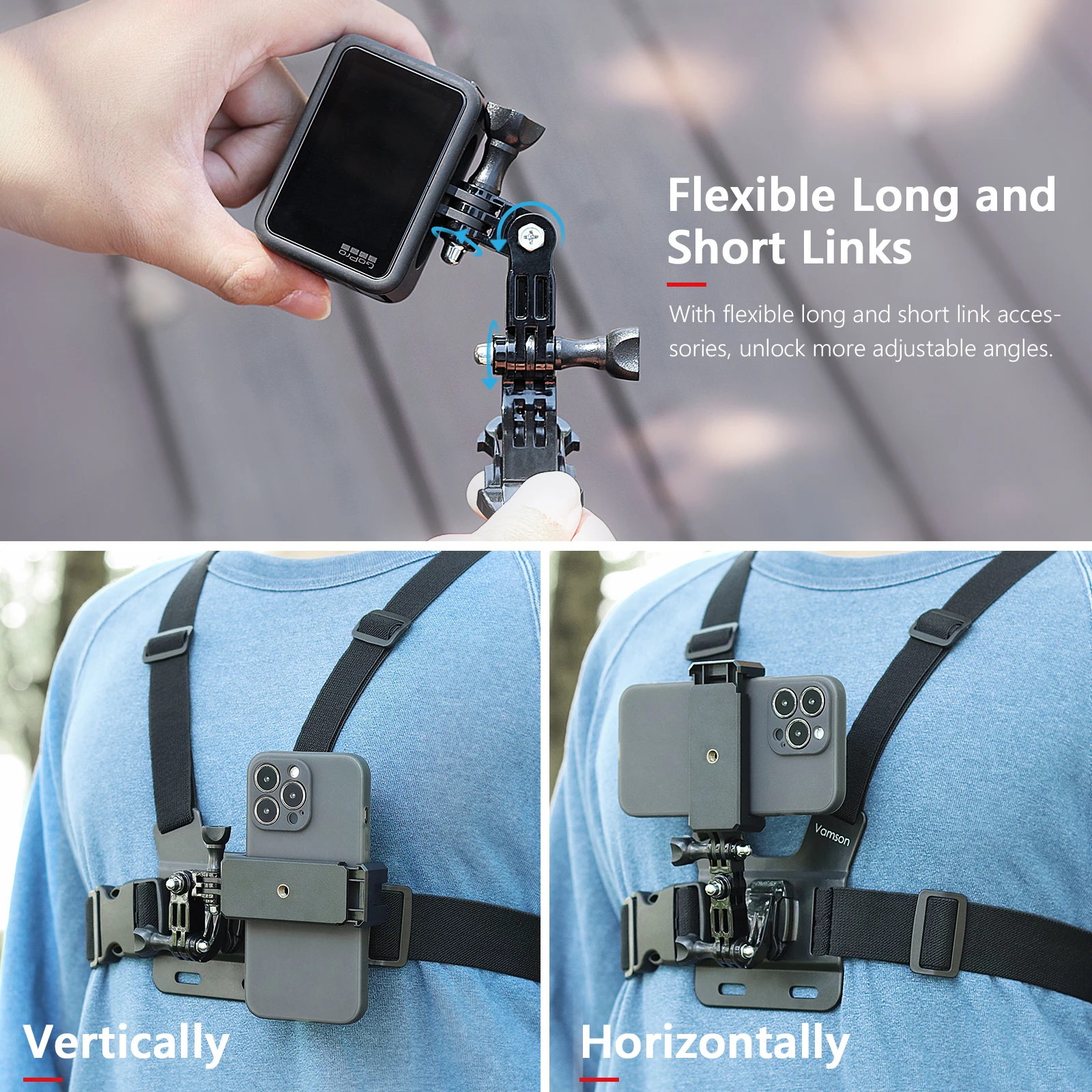 Vamson Chest Strap for Insta360 X3 GoPro 12 11 10 Harness Belt for CellPhone Mobile Phone Stand for iPhone CellPhone Accessories