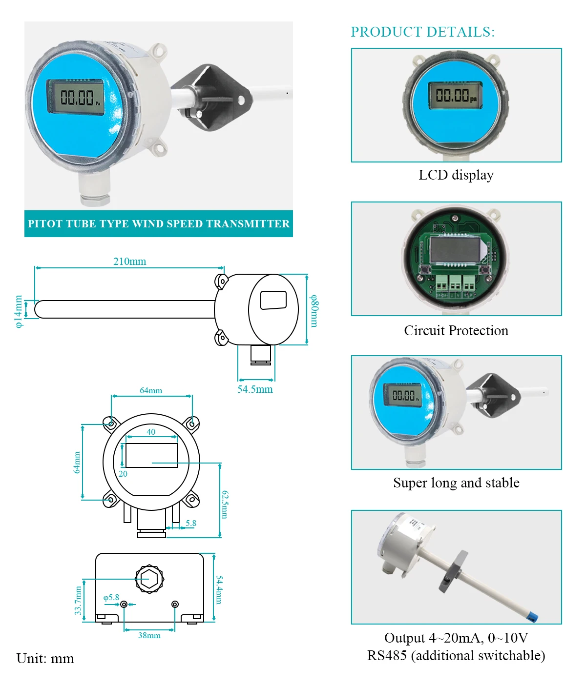Air Flow Meter Speed LCD Display Sensor Pipeline Mounted Wind Speed Sensor Pipeline Wind Speed Sensor