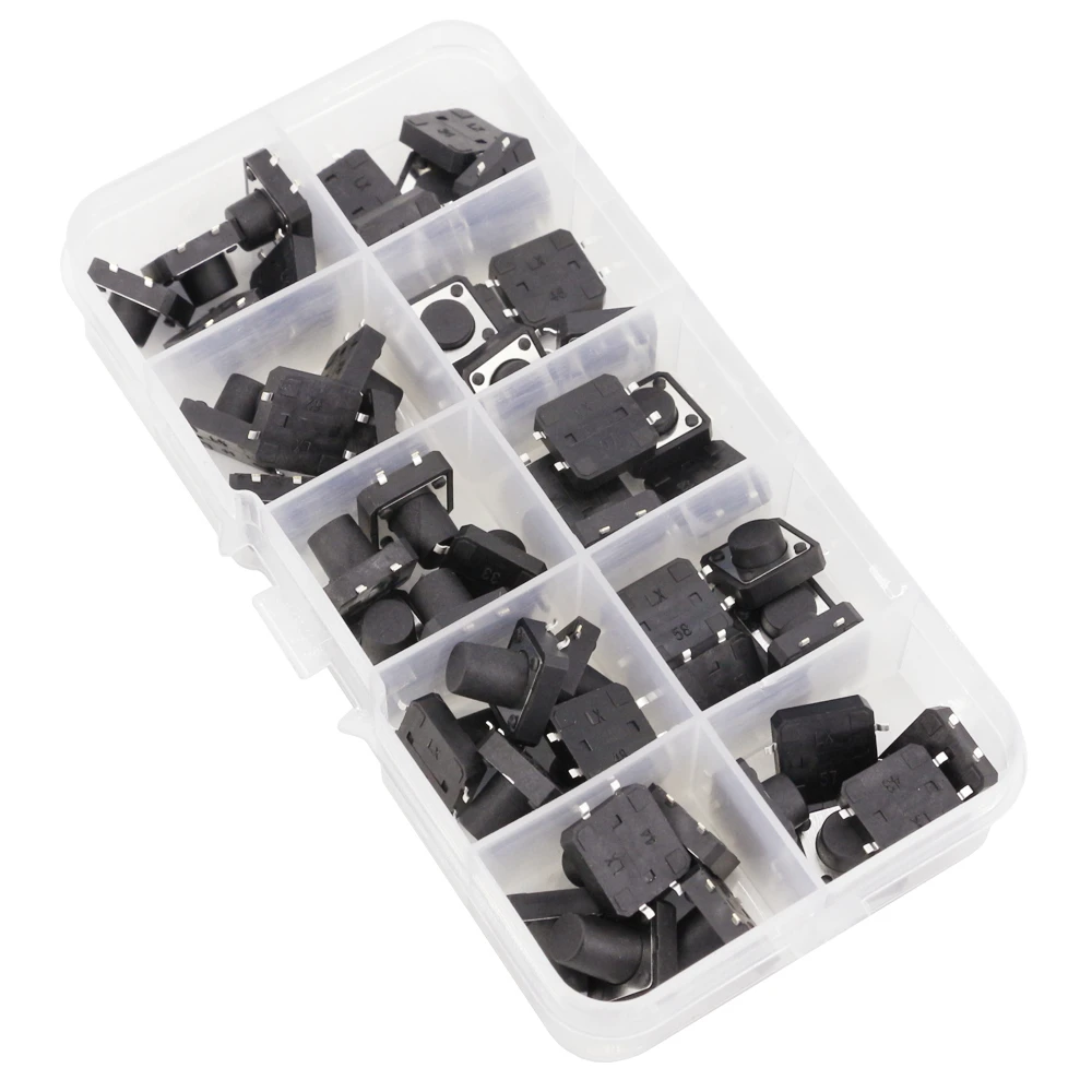 50 PCS 10 Models 12*12 Tact Switch Tactile Push Button Switch Kit Height: 4.3 5~12MM DIP 4P Micro Switch 12x12 Key Switch