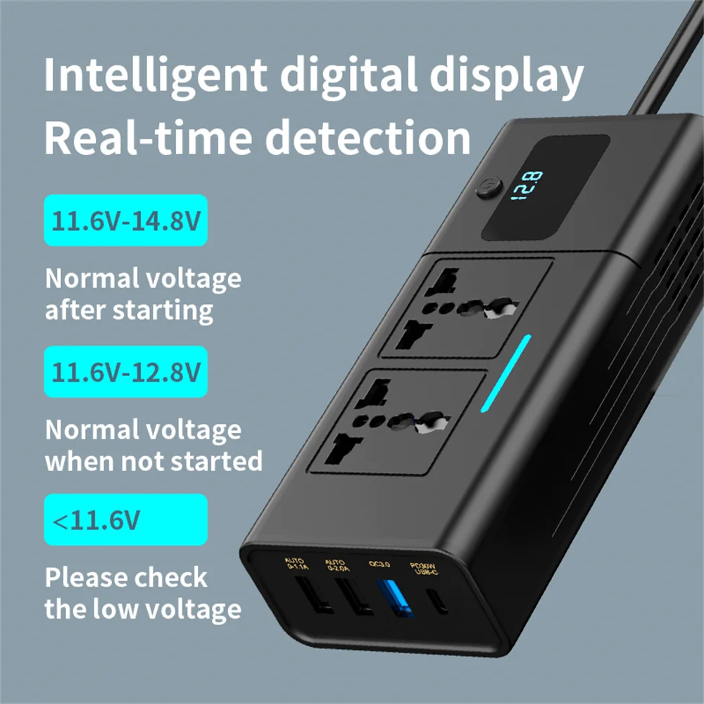 Inversor de energia do carro duplo com Display Digital, Inversor de carro 200W, DC 12V para AC 110V 220V, PD QC3.0, 4Portas USB, Adaptador