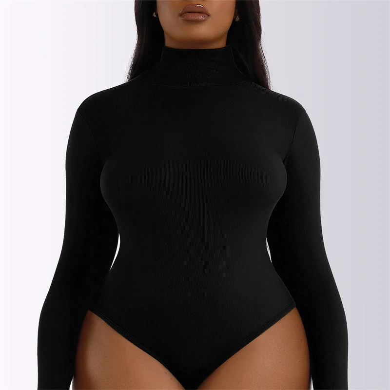 Women Black Long Sleeve Bodysuit Autumn Winter Turtleneck Bodysuits Female Bodycon High Waist Romper Body Shapewear