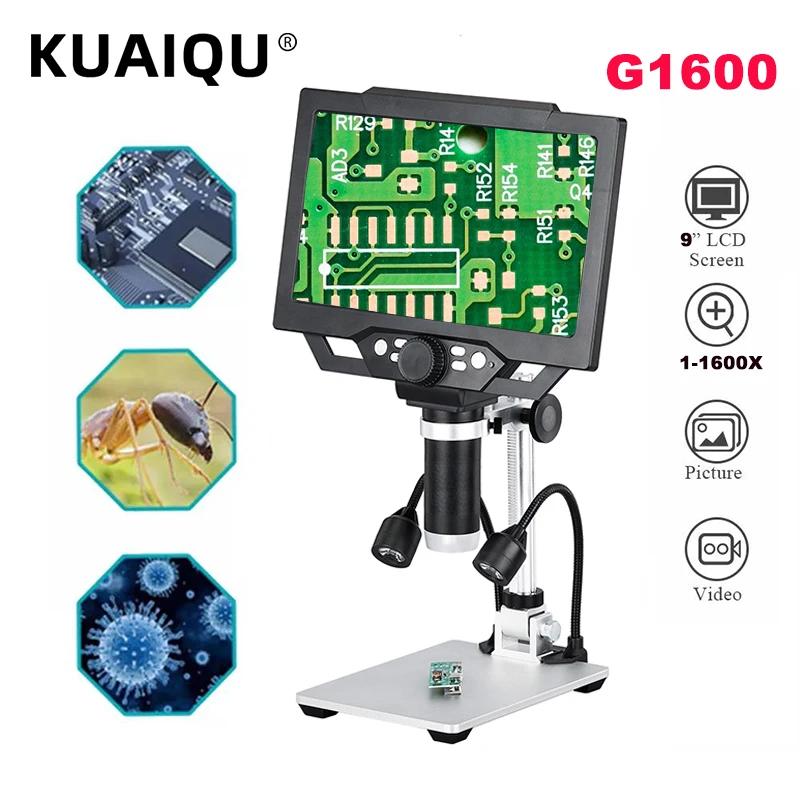 KUAIQU 1600X 9 \'\' LCD Screen Digital Video Electronic Microscope HD 1080P 8 LED Lights Continuous Amplification Magnifier Solder