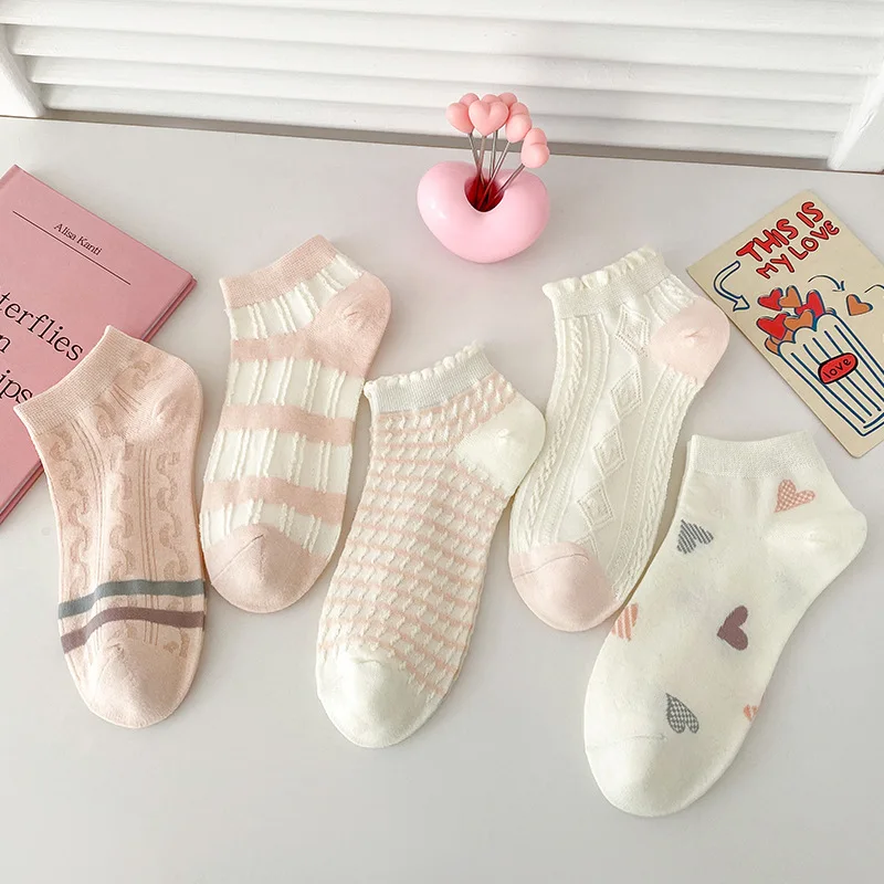 

1Pairs Socks for Women in Spring and Summer, Boat Socks for Women in Summer, Thin Pink Style, Short Tube, Striped Socks, Cotton