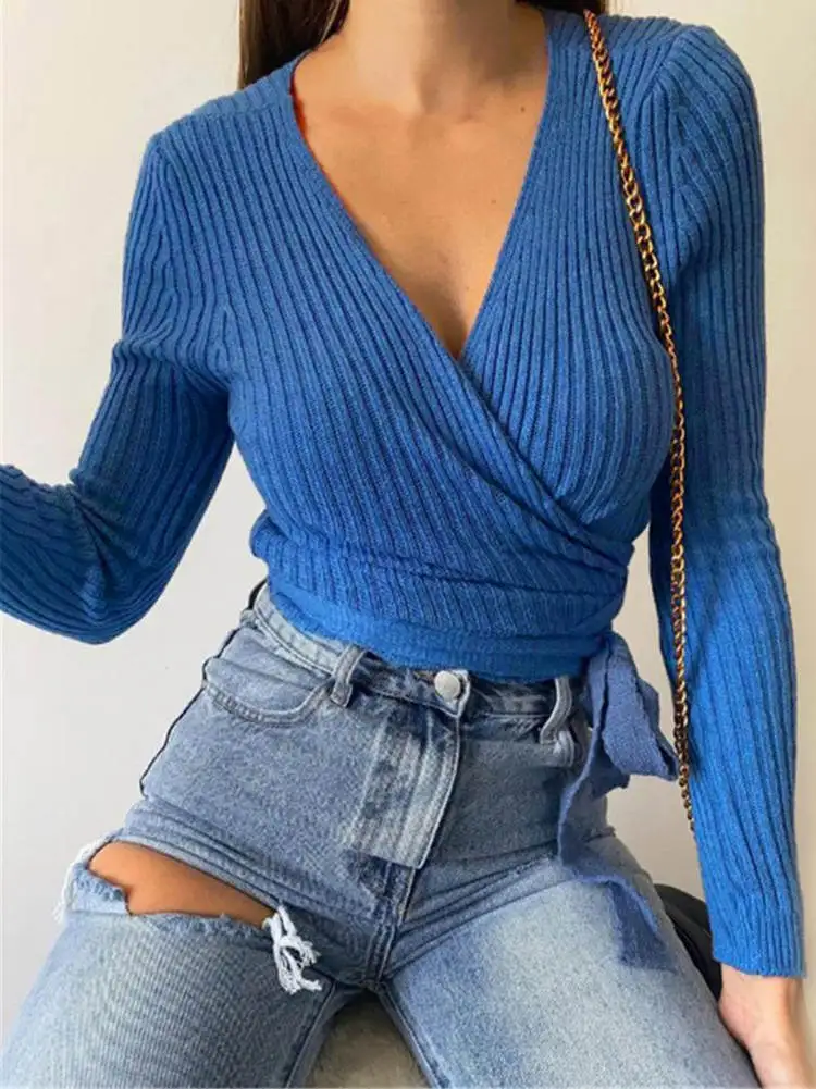 Suéter de Punto Simple de Color Puro con Cuello en V, Manga Larga, con Cinturón, Moda Femenina Otoño Invierno, Fibra de Polié...