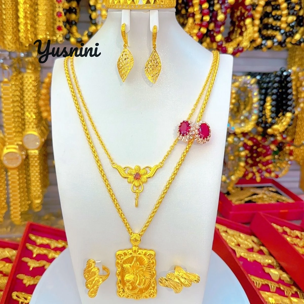 

Модное Дубайское 24-каратное позолоченное ожерелье по индивидуальному заказу, серьги, кольца, браслеты, подарки для свадебной вечеринки, комплект ювелирных изделий для влюбленных DD10992