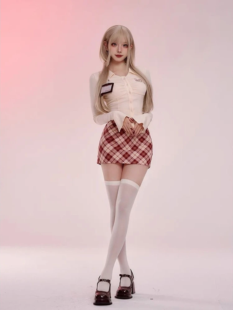 2023 Autumn Japanese Style Kawaii Clohting Slim Casual Bouse + Red Plaid Y2k Mini Skirt Party Cute Fashion 2 Piece Sets Woman