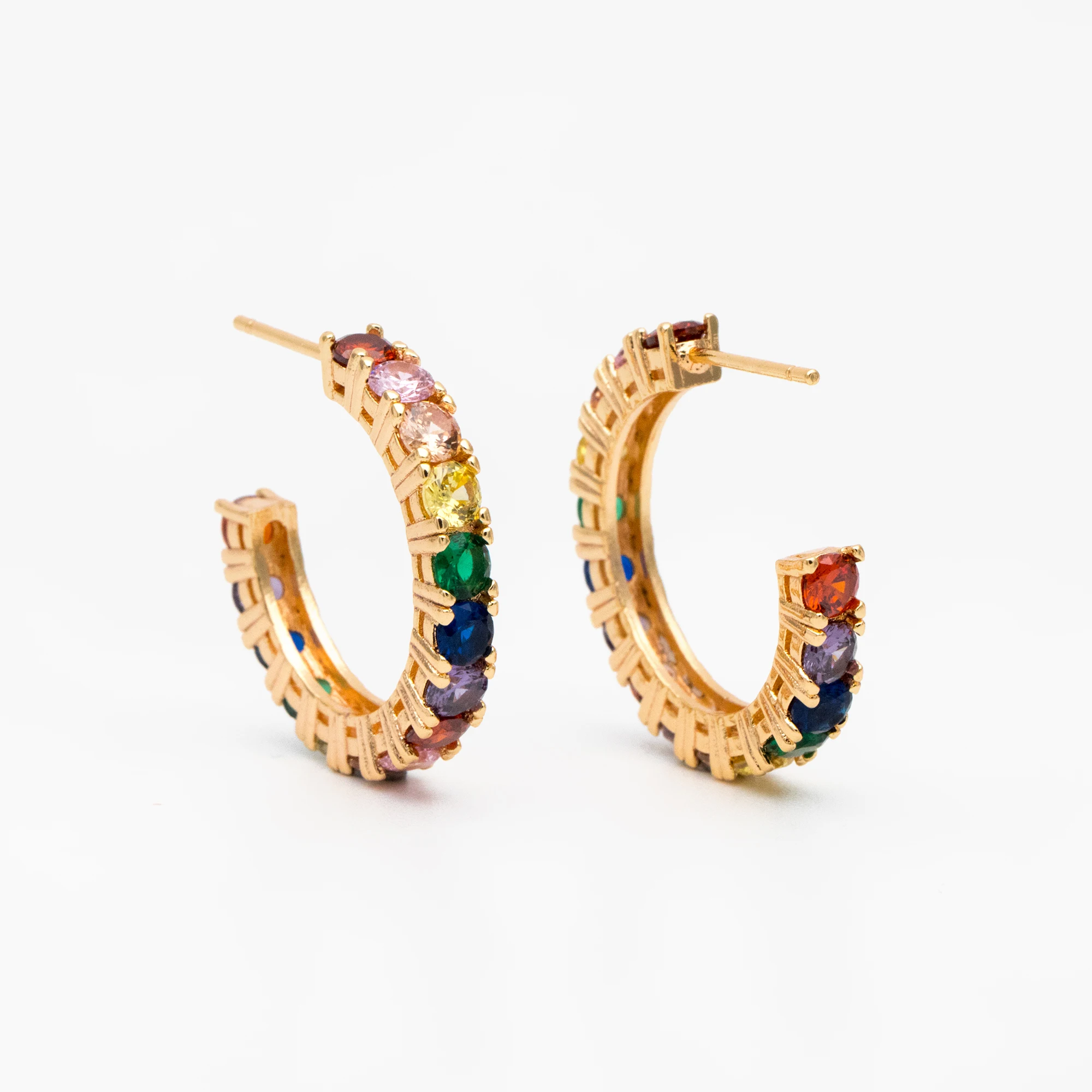 

4pcs CZ Pave Hoop Stud Earrings 21mm, 18K Gold Plated Brass, Colorful Rainbow Post Earrings (GB-3646)