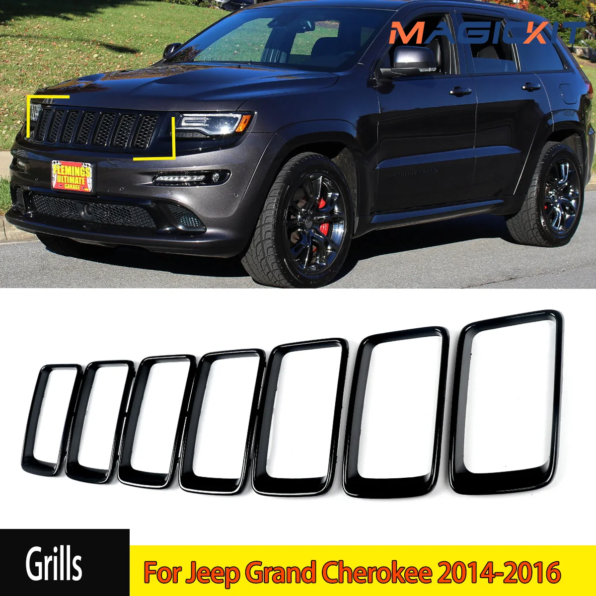 High-quality ABS 7pcs Front Grille Trim Ring Insert Kit For Jeep Grand Cherokee 2014 2015 2016 Gloss Black