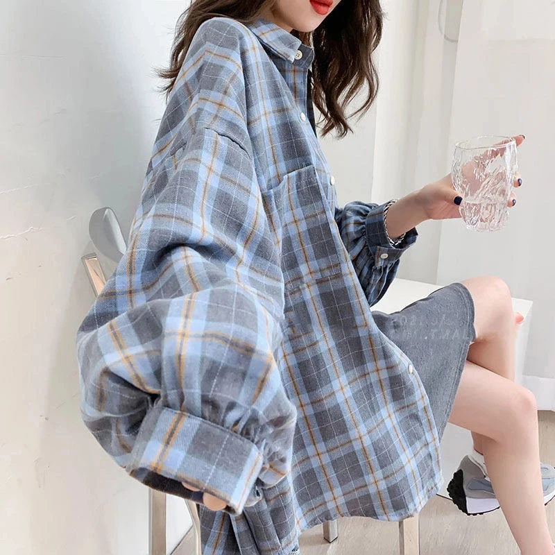 Streetwear Plaid Shirts Women Korean Fashion Oversized Tops Harajuku Daily All-match Long Sleeve Female Yellow Blouses New