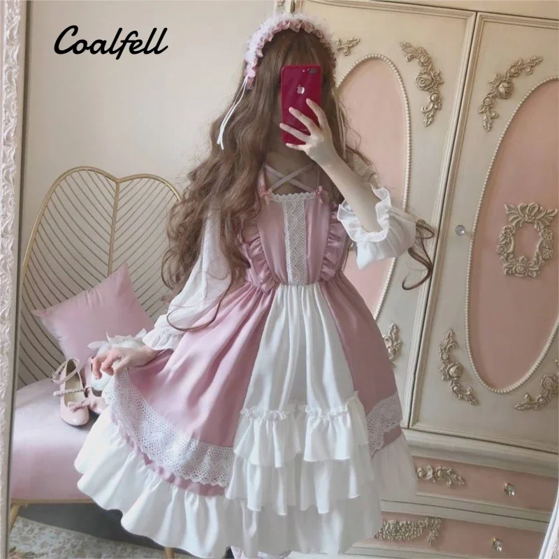 Coalfell Wondeland Cute Lolita OP Dress Women Flouncing Lace Trim Japanese Harajuku Long Sleeves Doll Teen Dress Fairy Vestidos