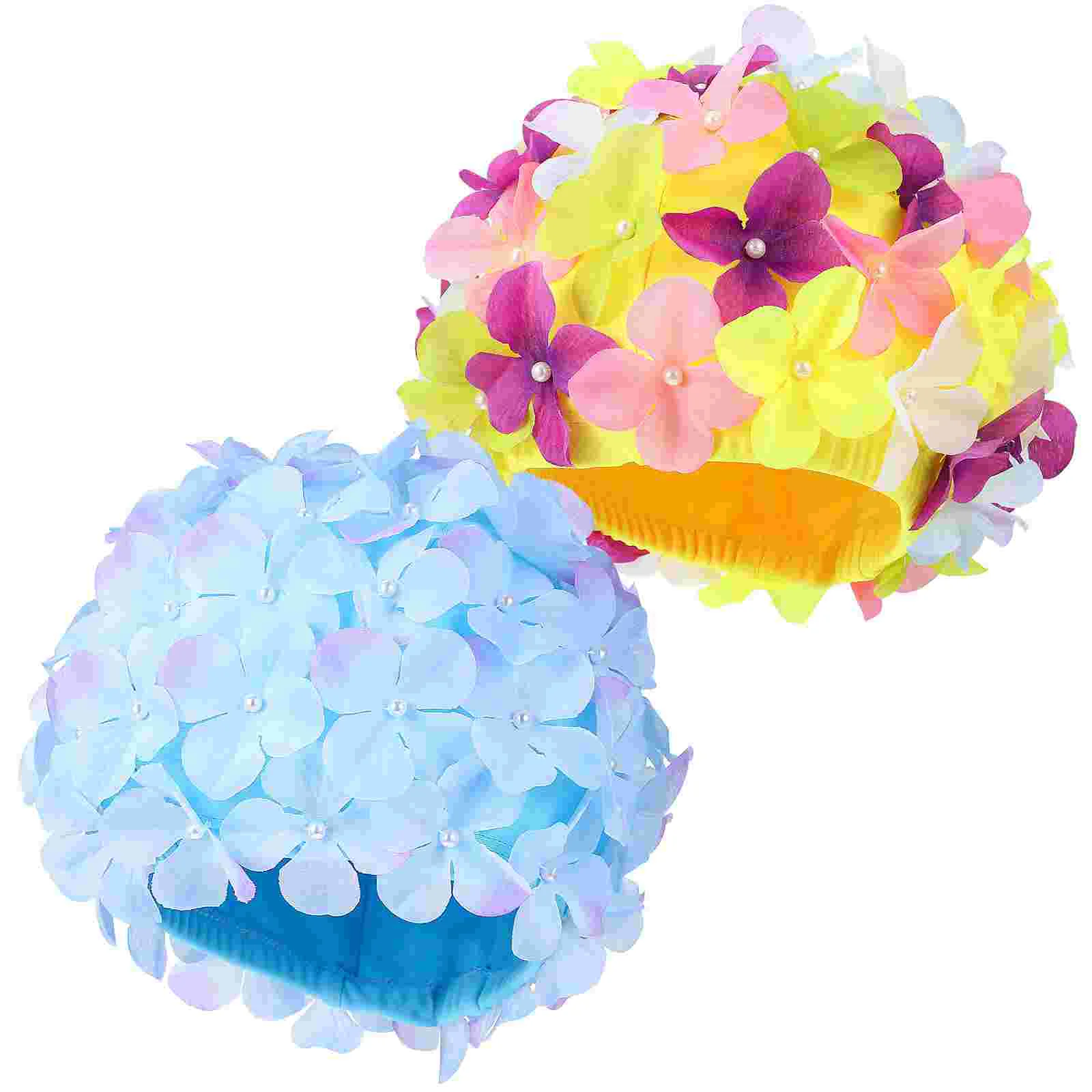 

2 Pcs Swimming Cap Pool Swimsuits for Women Adult Flower Bathing Hat Swimmers Curls Nylon Hats Child Floral
