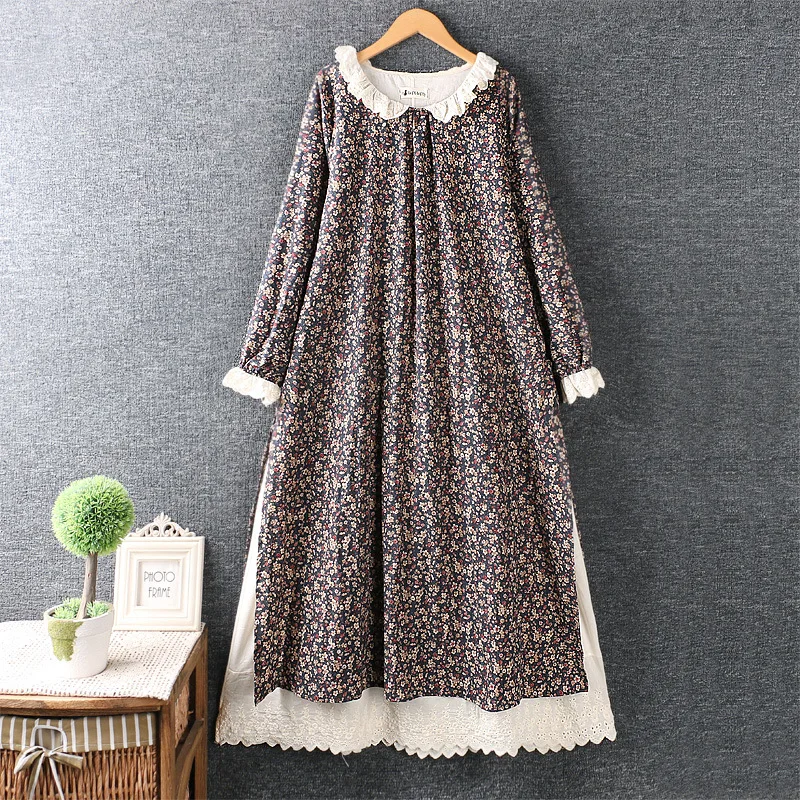 Vintage Japanese Style Lace Peter Pan Collar Long Sleeve Rustic Flowers Print Cotton Layers Dress 2023 Autumn