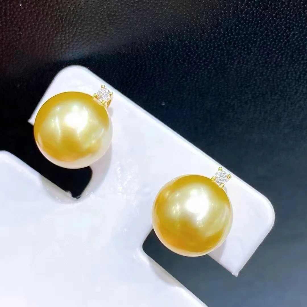 Fine Jewelry Solid 18K Yellow Gold 10-11mm Fresh Water Golden Pearls Studs Earrings for Women Fine Presents