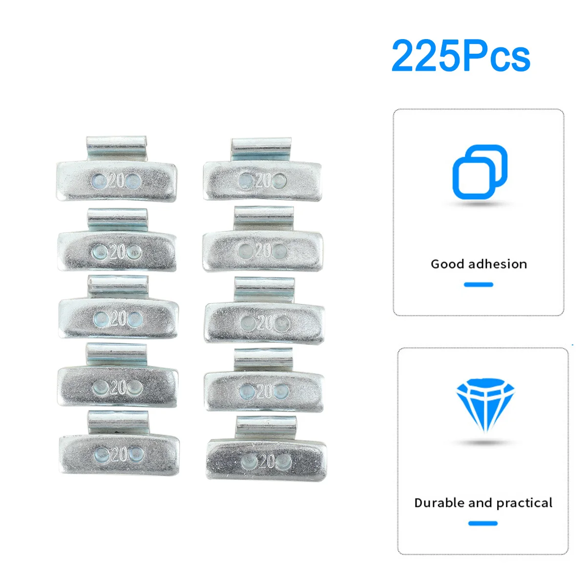 225 pièces de contrepoids de roue à clipser, blocs d'équilibrage de pneus à crochet (5g*50+10g*50+15g*50+20g*25+25g*25+30g*25)