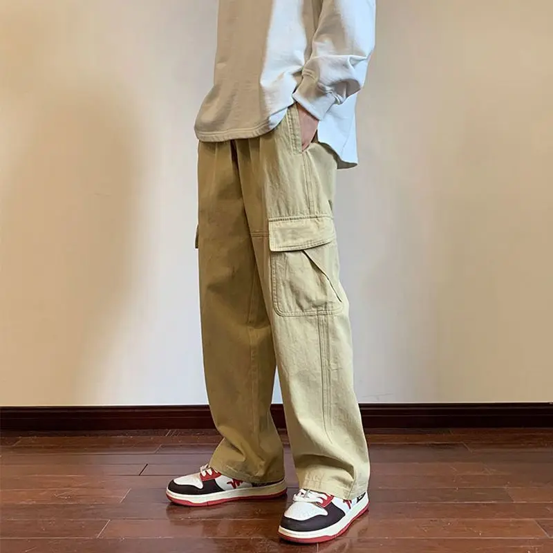 

Men's Clothing Solid Color Elastic High Waist Pockets Spring Autumn Trousers Cargo Korean Fashion Casual Loose Straight Pants