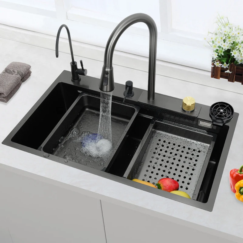 

Multifunction Waterfall Single Bowl Kitchen Sinks Stainless Steel Black Kitchen Sink Set With Faucet