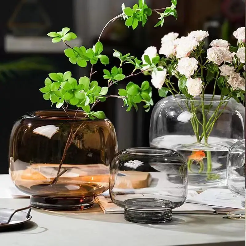 Transparent Glass Vase with Circular Large Mouth Design Living Room Dining Table Hydroponic Flower Arrangement Dual-use Ornament