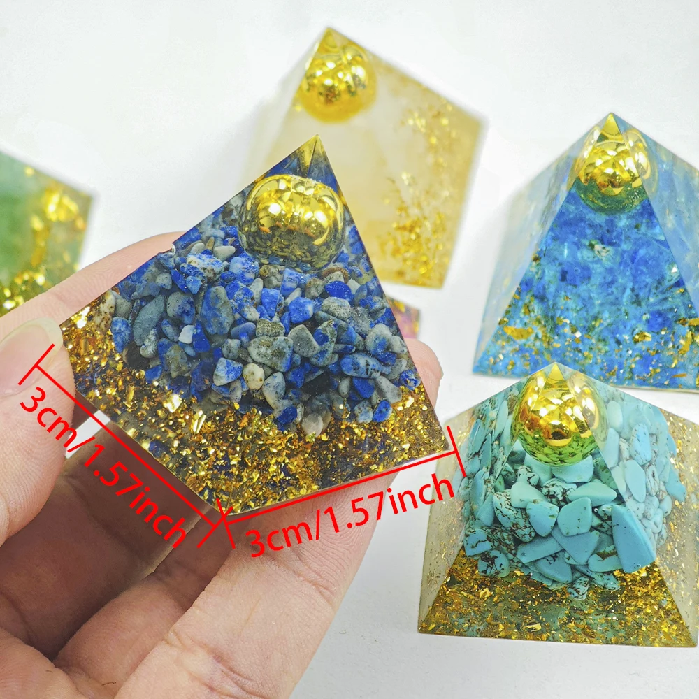 1.57inch Natural Crystal Pyramid Energy Quartz Amethyst Reiki Healing Crystal Chakra Golden Beads Resin Pyramid  Home Decor