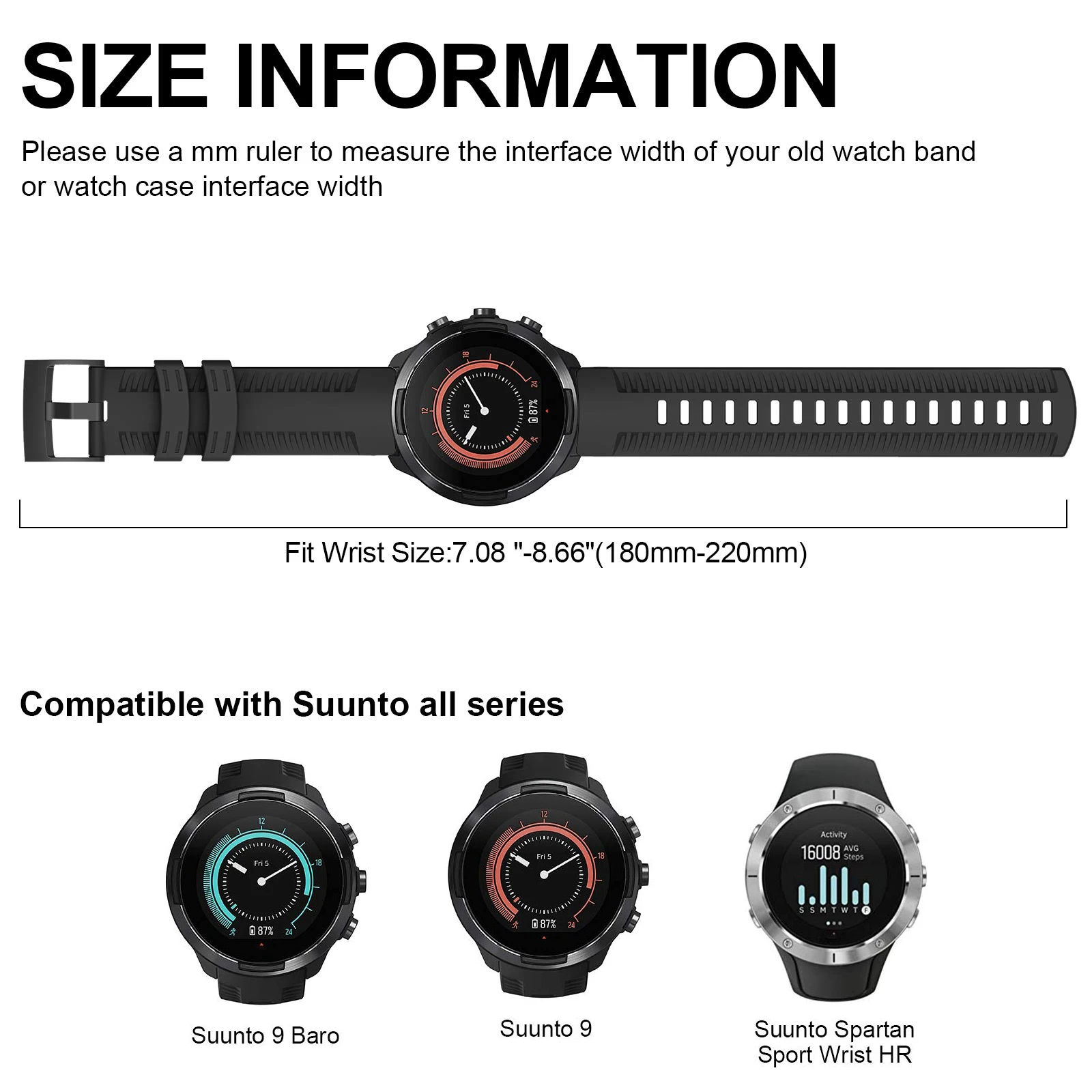 Strap for Suunto Spartan Sport Wrist HR, Silicone Watch Strap Replacement Band for Suunto 9/9 Baro