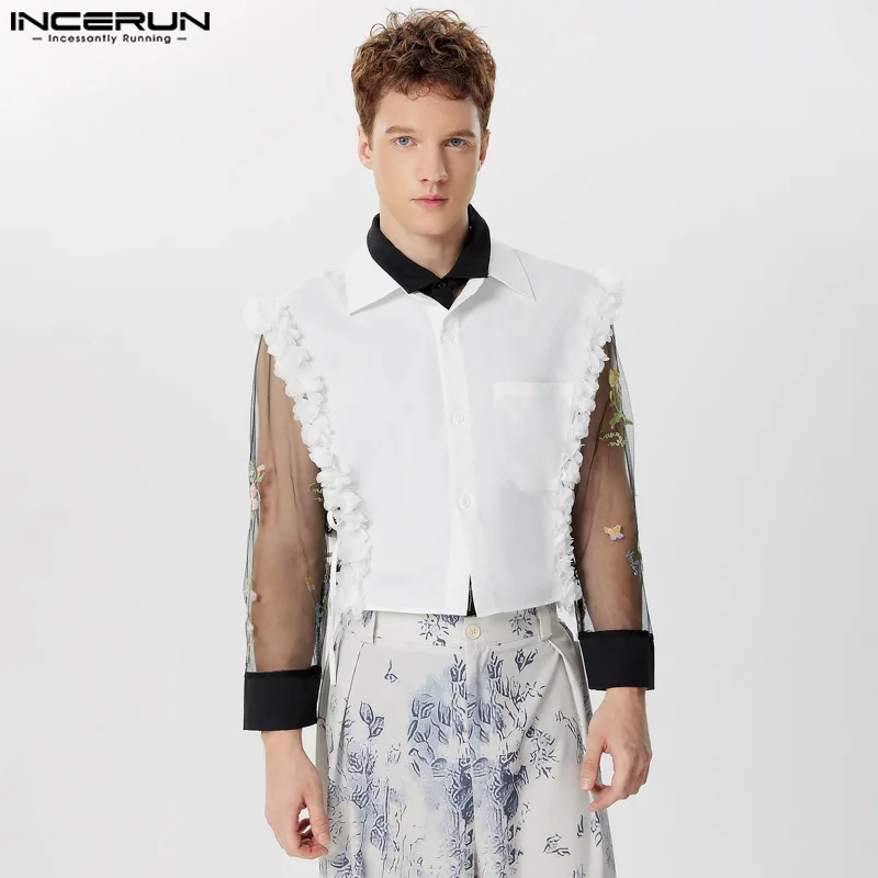 INCERUN Men Shirt Lapel Sleeveless Lace Up Split Fashion Irregular Shirts Streetwear 2024 Flower Patchwork Casual Men Clothing