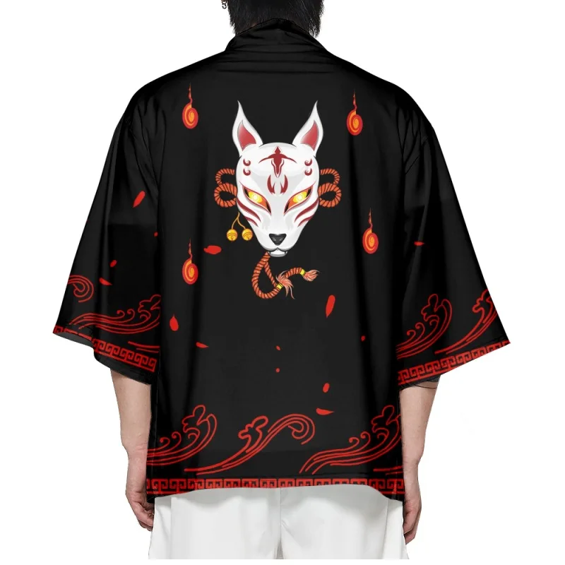 

Yukata Men Women Black Fox Mask Print Cardigan Loose Blouse Haori Obi Asian Clothes Harajuku Japanese Cosplay Kimono