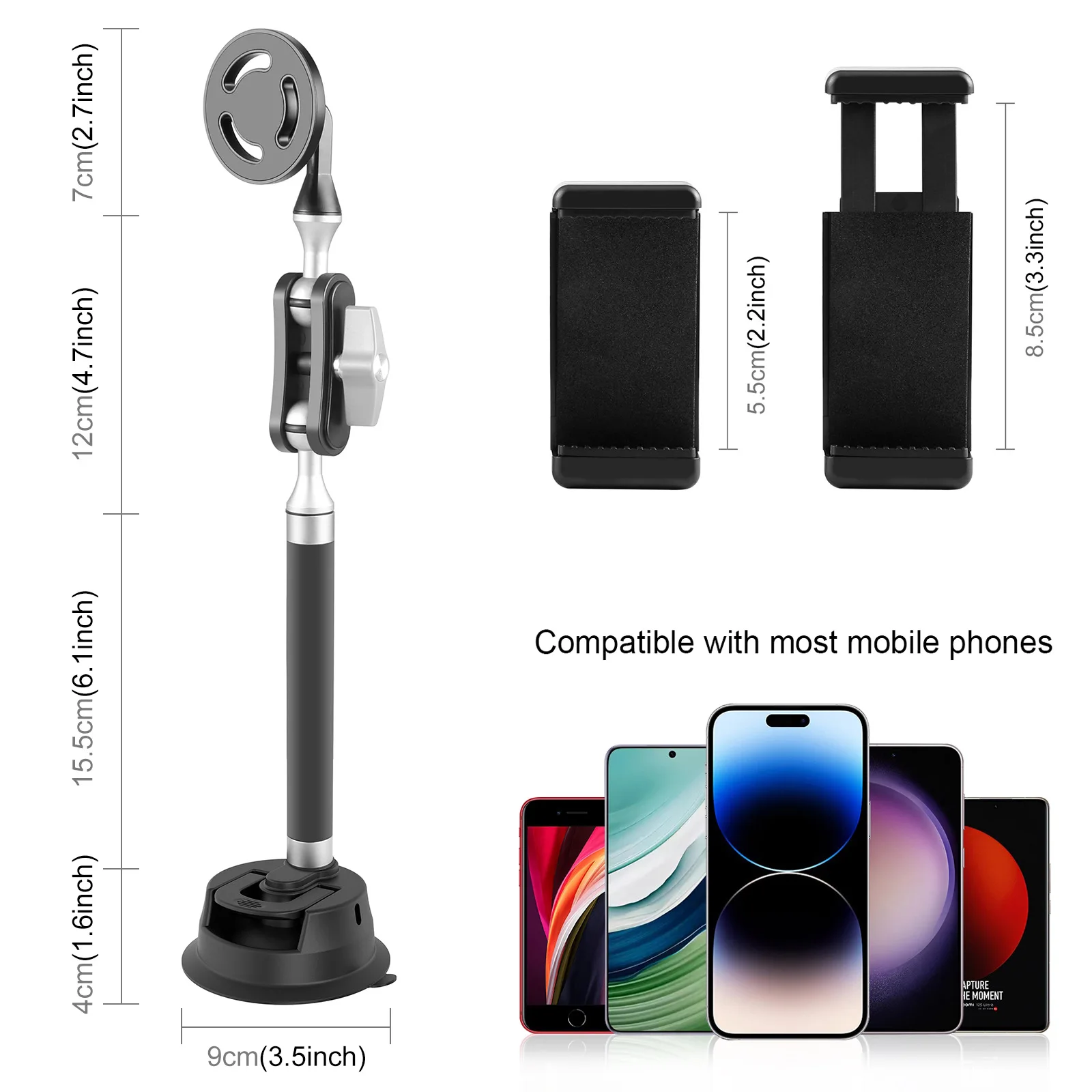 Car Suction Cup with Ball Head Arm Stands Magnetic Mount Holder for Gopro Hero DJI OSMO Insta 360 Action Cameras Mobile Phones