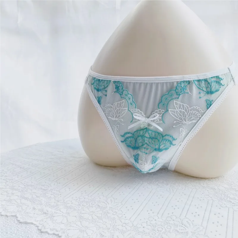 Elastic Ice Silk Low Waist Men's Underwear Lace Trim Bow Convex Pouch Cross-dressing Briefs Private Party Lingerie