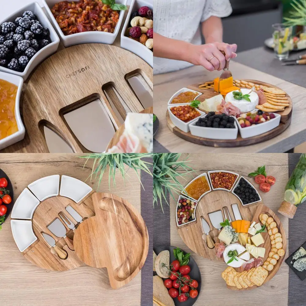 

Набор досок для сыра из дерева акации 13 с 4 ножами и 4 чашами — запатентованное сервировочное блюдо в США для развлечений