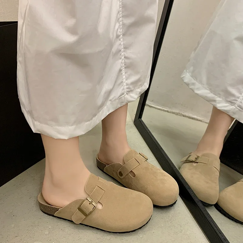 2024 High Quality Women's Shoes  Autumn Women's Slippers Round Toe Solid Flock Buckle Decoration Low-heeled Good-looking Mules