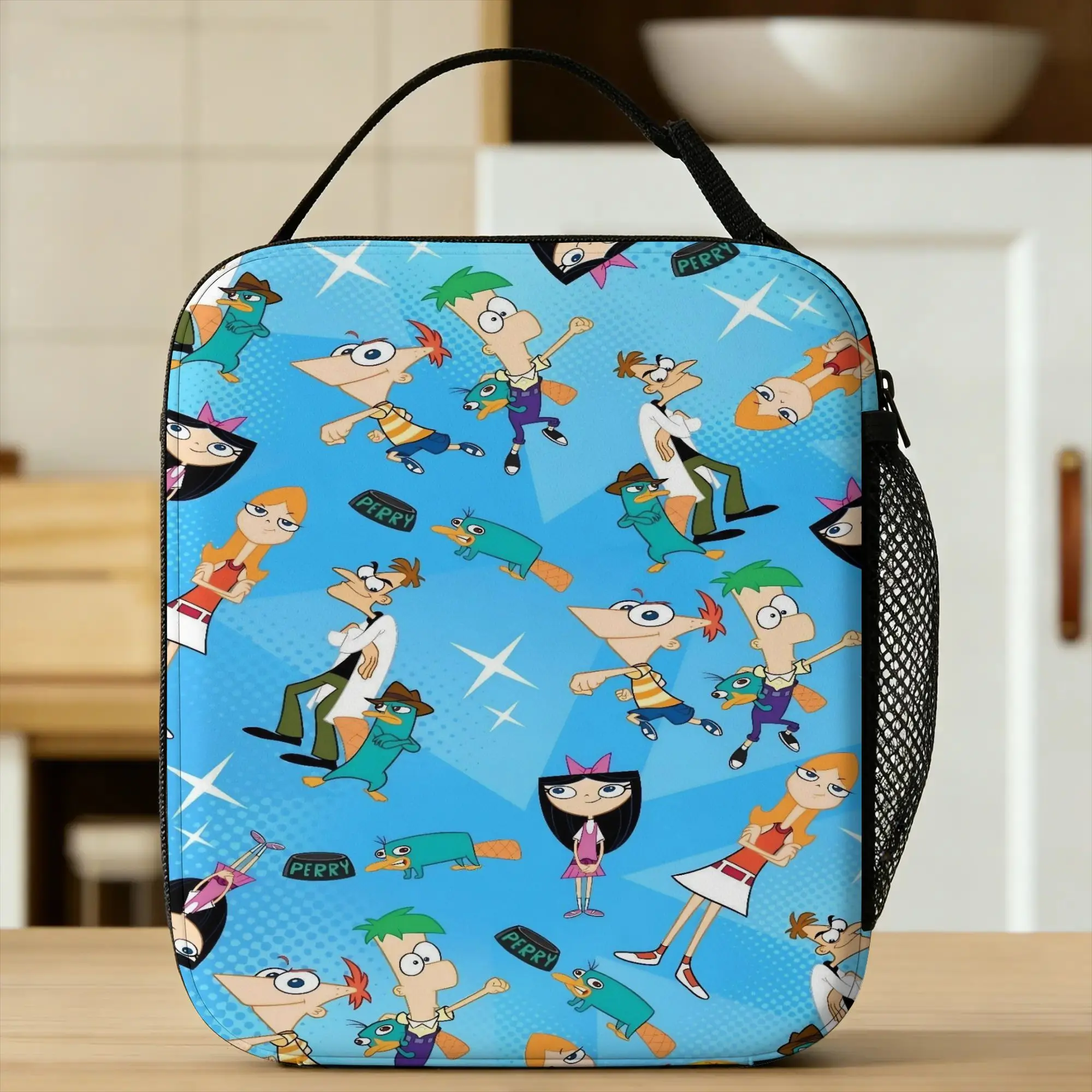 Perry the Platypus Lunch Bag Phineas and Ferbs Aesthetic Lunch Box For Women School Portable Cooler Bag Oxford Tote Handbags
